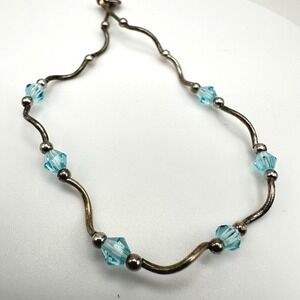 Vintage 90s Y2K Blue Crystal Beaded Wave Bracelet Silver Tone Boho Jewelry